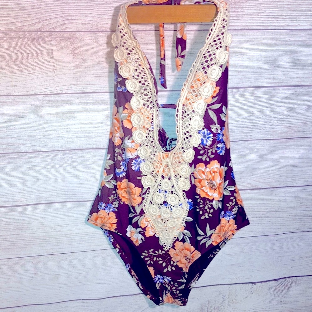 Bathing suit one piece crotchet embellished NWT